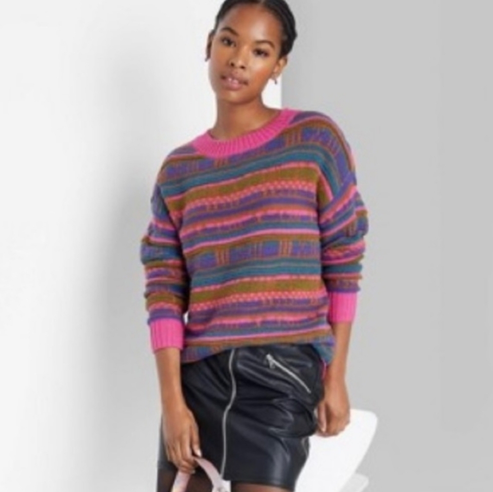 Wild Fable Vintage Inspired Retro Pink and Blue Crew Neck Sweater